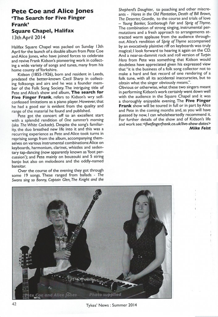 Tykes News Live Review of The Search For Five Finger Frank CD Launch